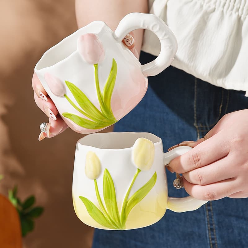 Tulip ceramic mug hand-painted underglaze color home girl water cup high-looking small fresh flower coffee cup