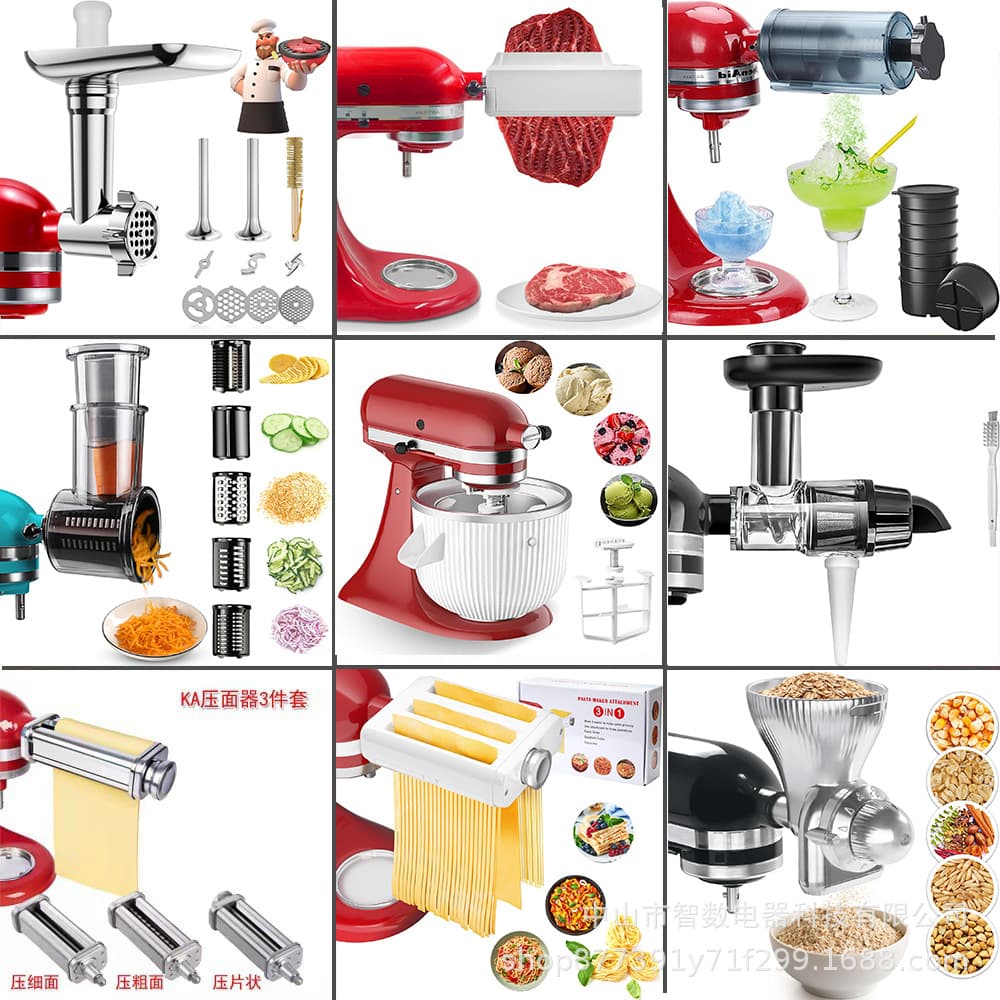 Factory supply compatible KitchenAid pasta maker attachments, meat grinder, sausage stuffer, ice crusher, vegetable chopper, juicer, and grinder