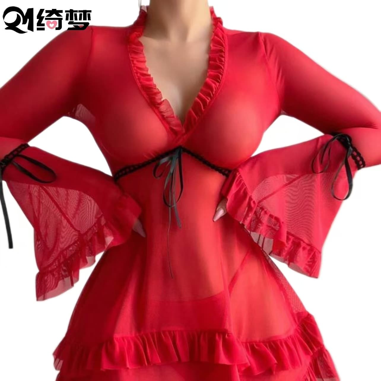 Cross-border sexy lingerie deep V mesh sexy underwear see-through seductive passion uniform skirt long sleeve
