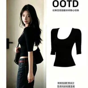 Black sexy U-neck short fitted short-sleeve T-shirt, new style mid-sleeve fitted top for women, tight high-waist half-sleeve pure desire