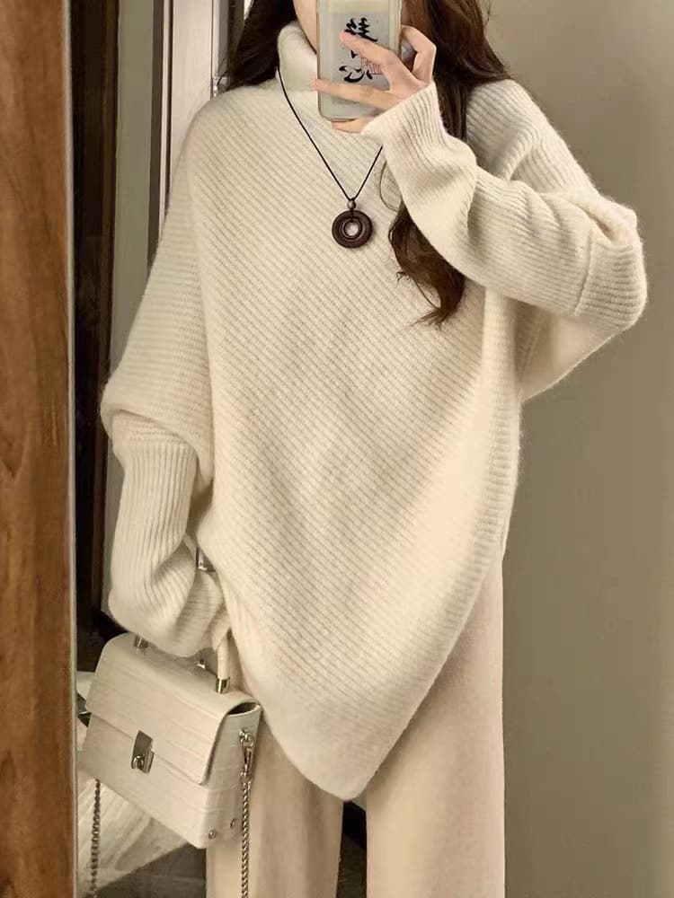 2026 New Design Irregular Hem High Neck Sweater for Women Loose Stylish Soft Knit Top