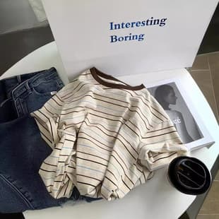 Vintage Stripe Contrast Color T-Shirt Women Hong Kong Style Loose Casual Top Summer Chic Age-Reducing Relaxed Fit Short Sleeve Trendy