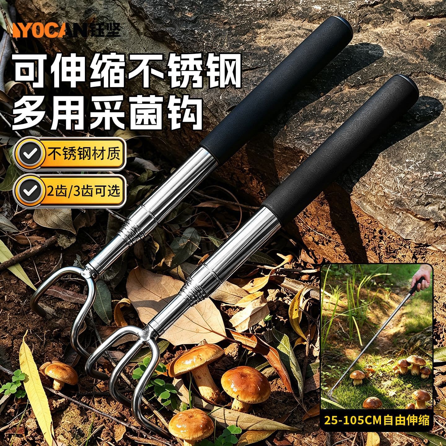Retractable Stainless Steel Multi-Purpose Mushroom Picking Rake, Beach Foraging and Mushroom Picking Tool, 2-Prong and 3-Prong Small Rake