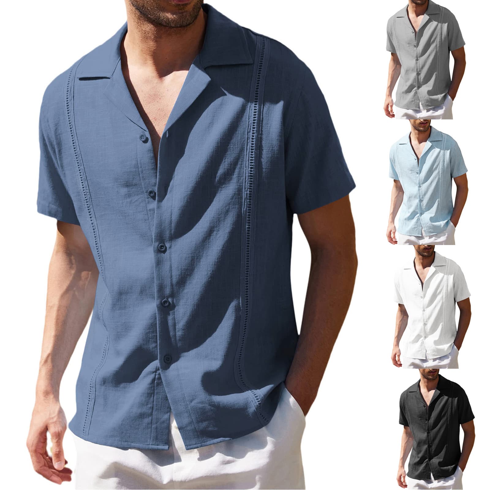 2023 Amazon ebay Men's Loose Casual Linen Shirt Cuban Guayabella Short Sleeve Beach Shirt for Men