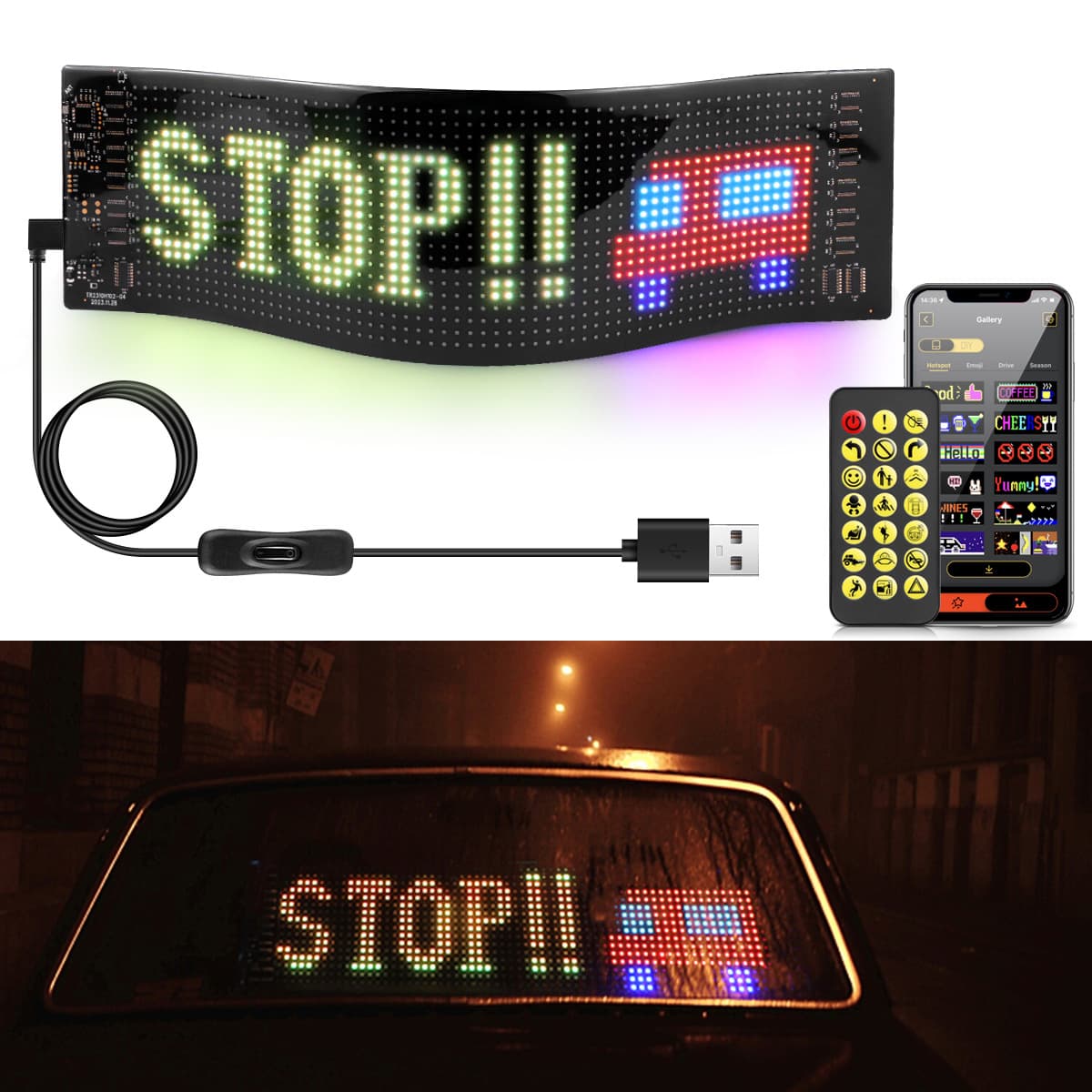 Cross-border flexible car LED display point control rgb bluetooth control home soft screen sign light usb plug-in