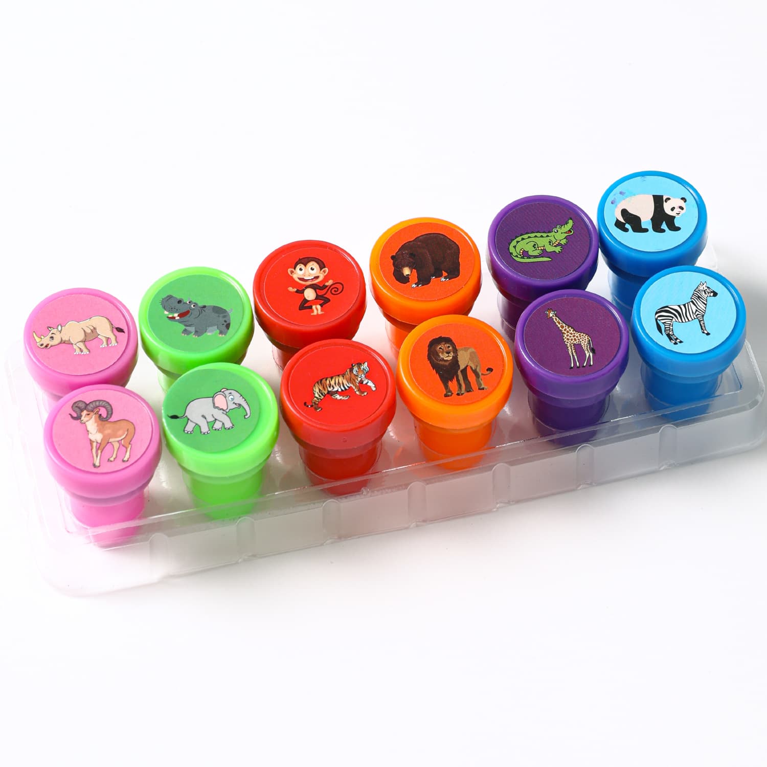 New 12-piece children's animal stamp set, cute cartoon toys, wholesale from manufacturers, inkpad, journaling, creative stamps.