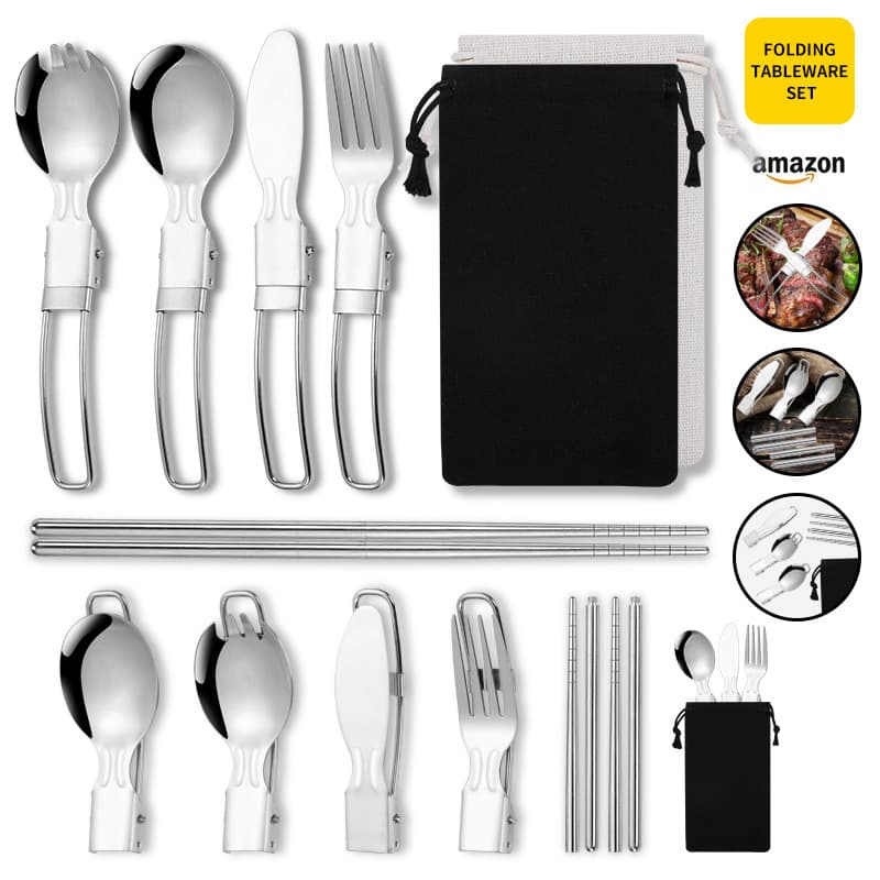 Portable Outdoor Travel Camping Stainless Steel 304 Foldable Cutlery Set Knife Fork Spoon Chopsticks Lightweight Dining Set