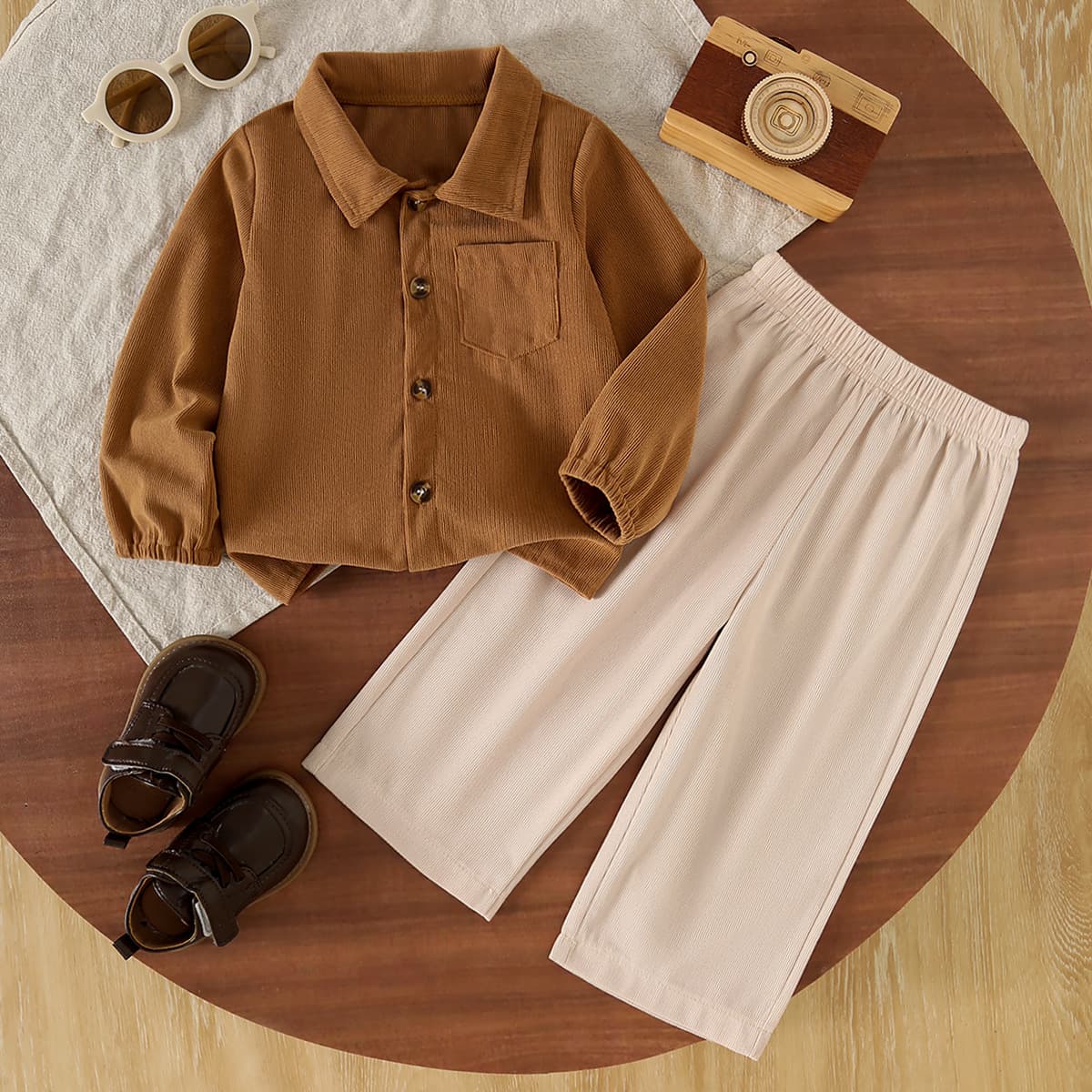 Kids Vintage Brown Shirt Set, Brown Notch Lapel Long-Sleeve Shirt + Cream Straight Leg Pants, Spring/Autumn Casual Outfit