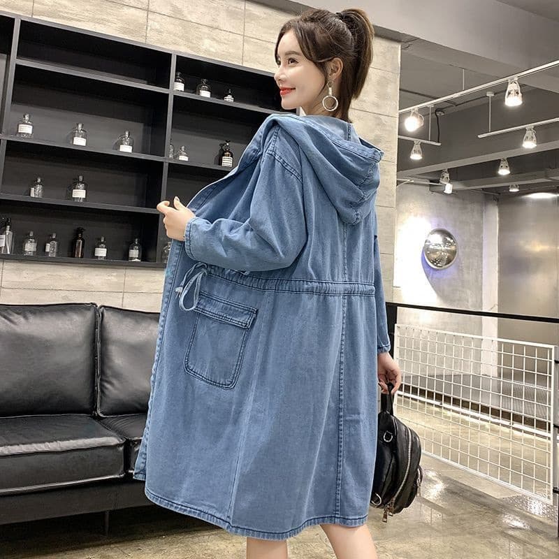 Plus Size Women's Drawstring Mid-Length Hooded Denim Jacket, Casual and Trendy, for 200 lbs