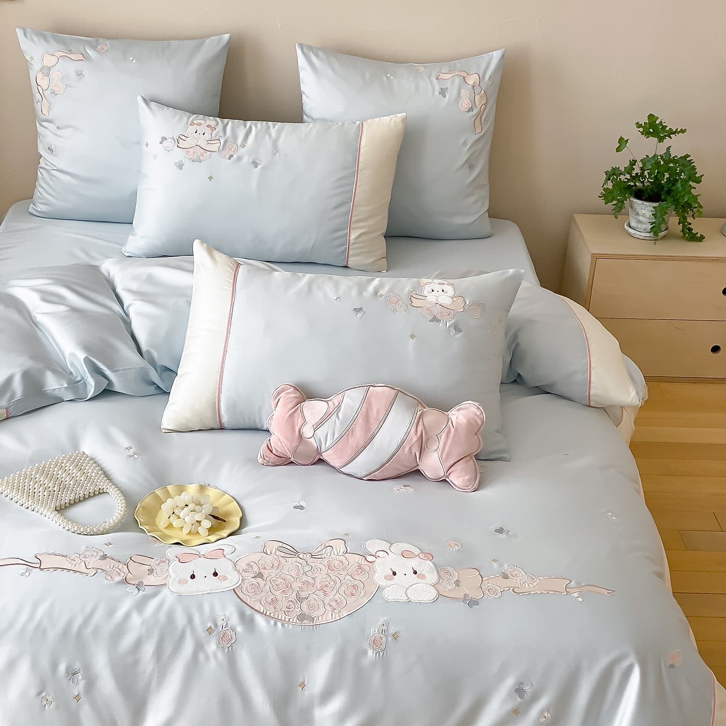 Cartoon Rabbit 100s Long-Staple Cotton All-Cotton 4-Piece Set Pure Cotton Fitted Sheet Duvet Cover Bed Skirt Girl Bedding 1.8