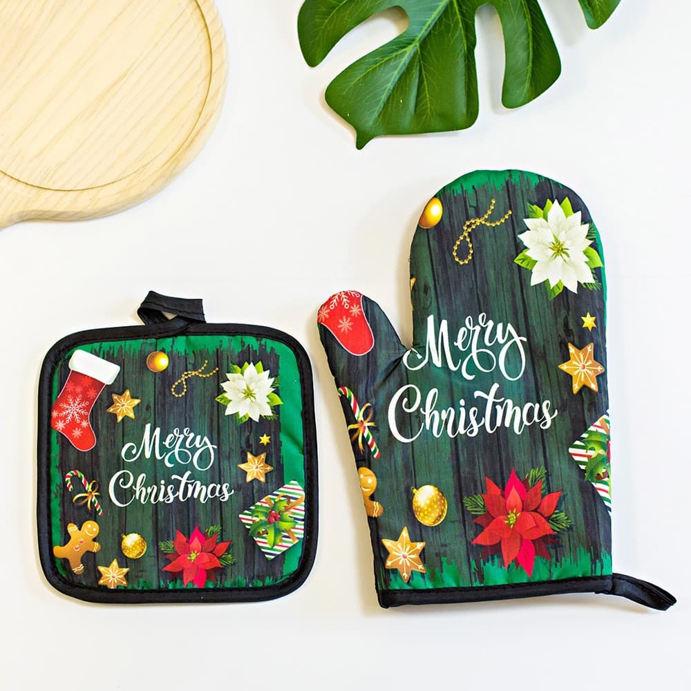 Cross-border Christmas Valentine's Day Heat-Resistant Kitchen Gloves, High Temperature Resistant Oven Mitts, Microwave Printed Hands