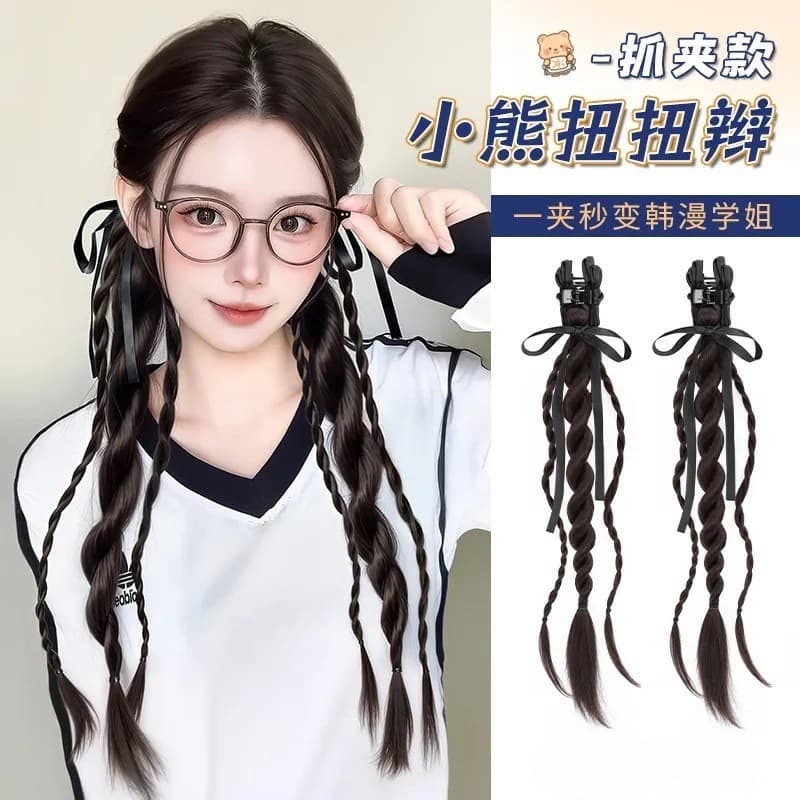 Ponytail braid wig female grabber natural simulation new Chinese ballet style double twist bear ribbon twisted braid