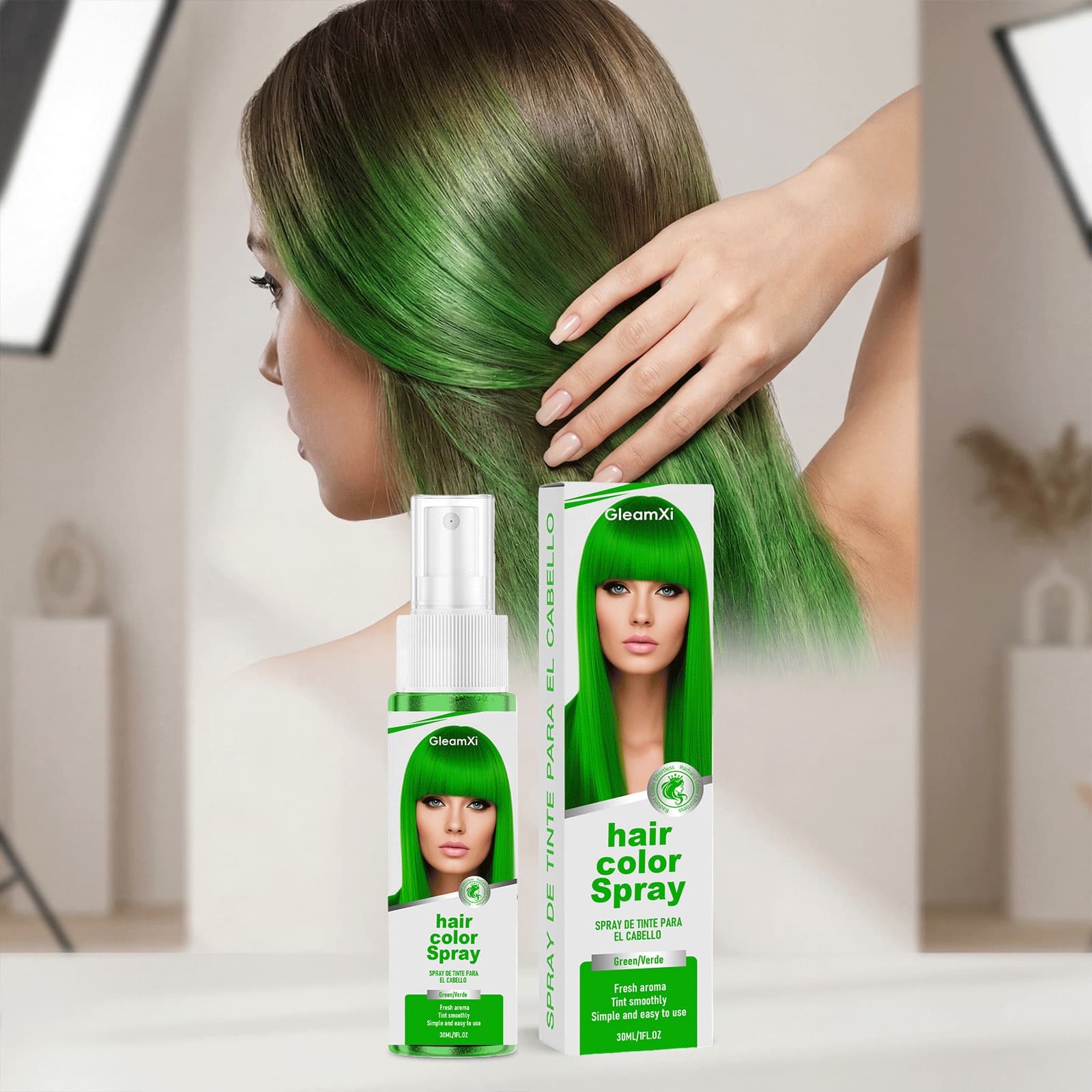 GleamXi Green Temporary Hair Color Spray - Fashionable Vibrant Color for Parties and Events, Easy Color Change