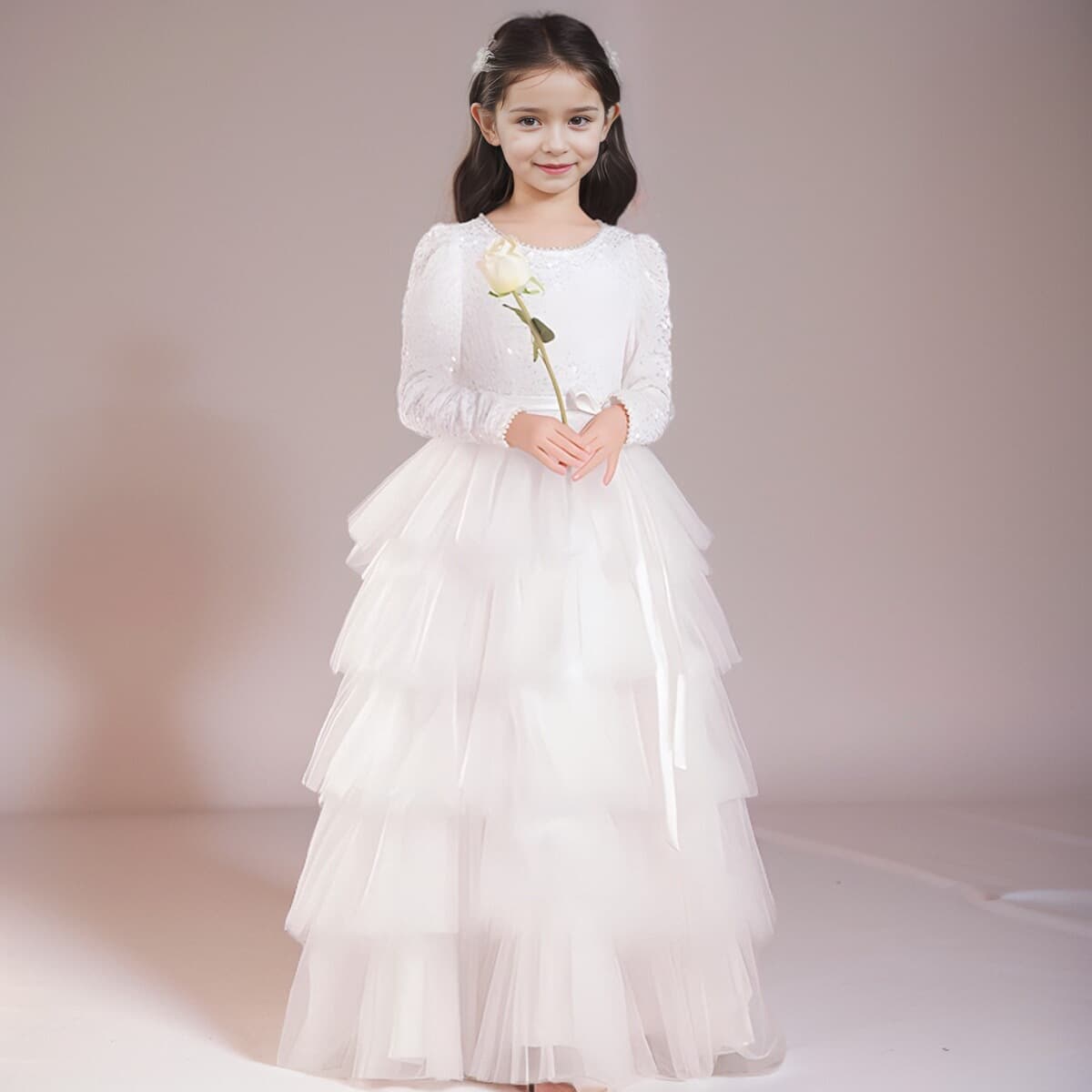 Long-sleeve sequin cute children's dress 2026 new fashion flower girl dress little girl host birthday princess dress