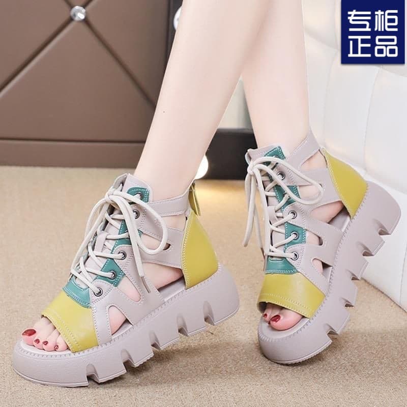 2025 Spring/Summer New Export Sandal Boots Women Retro Chunky Sole Lace-up Hollow Sandals Platform Shoes Cross-border Trade