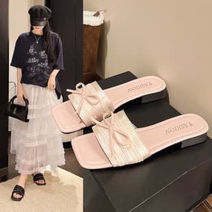 French Bow Lace Ribbon Low Heel Mule Sandals Square Toe Open Toe Daily Versatile Slide Sandals