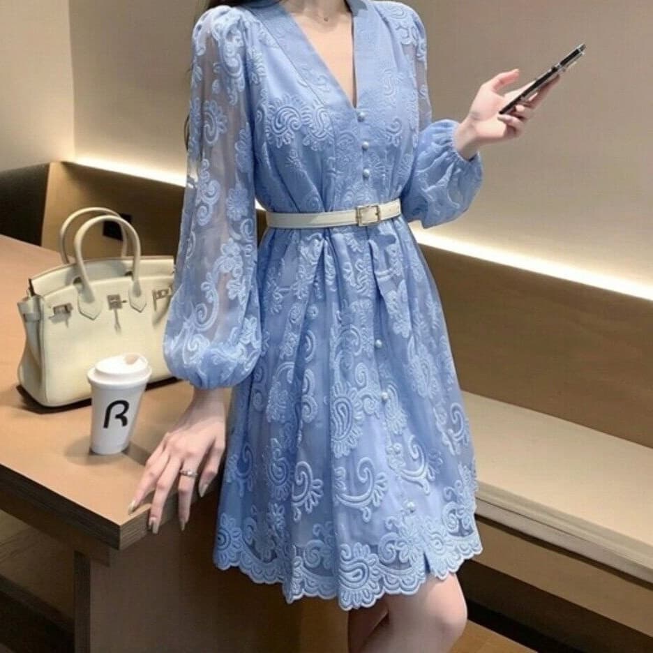 French Sweet Court Style Lantern Sleeve Heavy Embroidery Waist-Nipping Single-Breasted Letter Print Elegant Dress