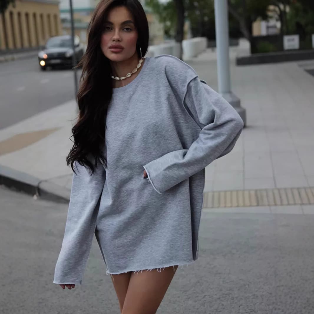 Amazon Cross-border Casual Women's Solid Color Round Neck Long Sleeve Loose Hem Raw Edge Decoration Sweatshirt Thin