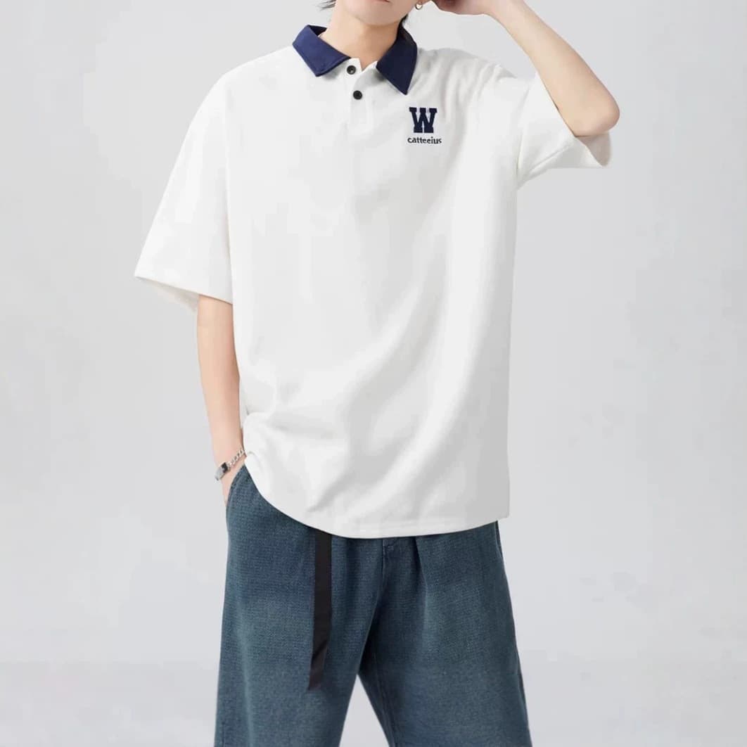 Polo shirt short-sleeved men's summer loose embroidery heavy cotton youth t-shirt college style contrast half-sleeved T-shirt