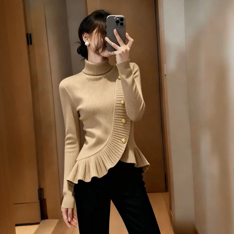 Ladylike style high collar ruffled knitted women's 2025 autumn and winter slim pullover sweater with western style niche design top
