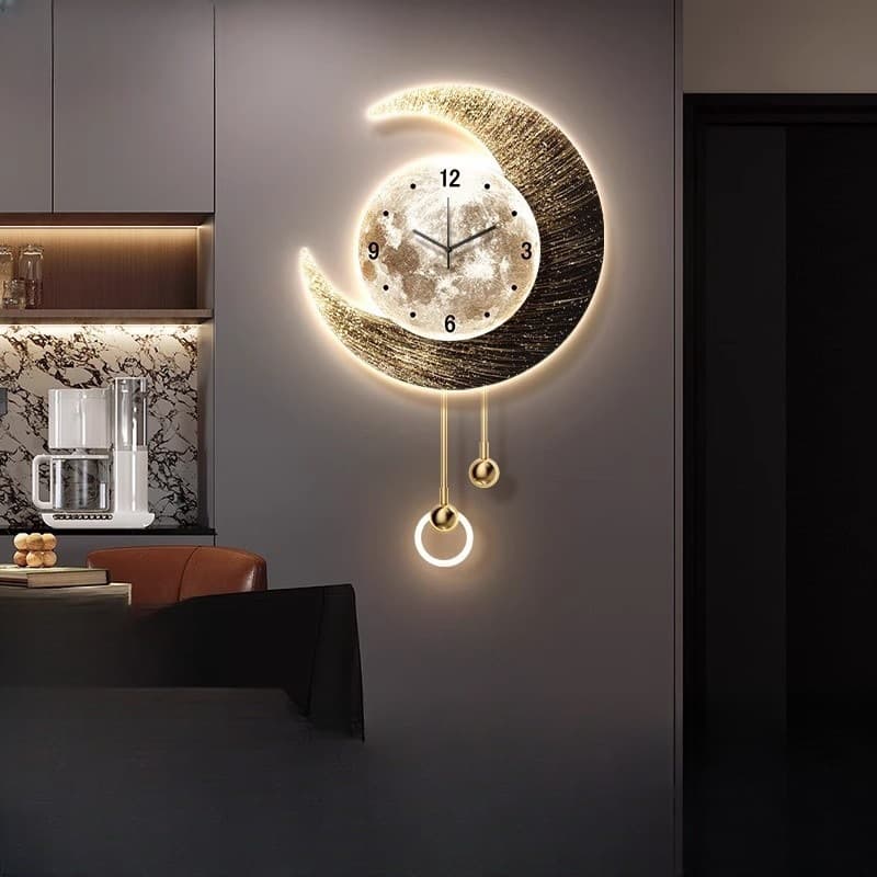 Moon TV Background Wall Decorative Painting, Luxury Living Room Clock Wall Clock Painting, High-End Creative Grille Wall Light Hanging Piece