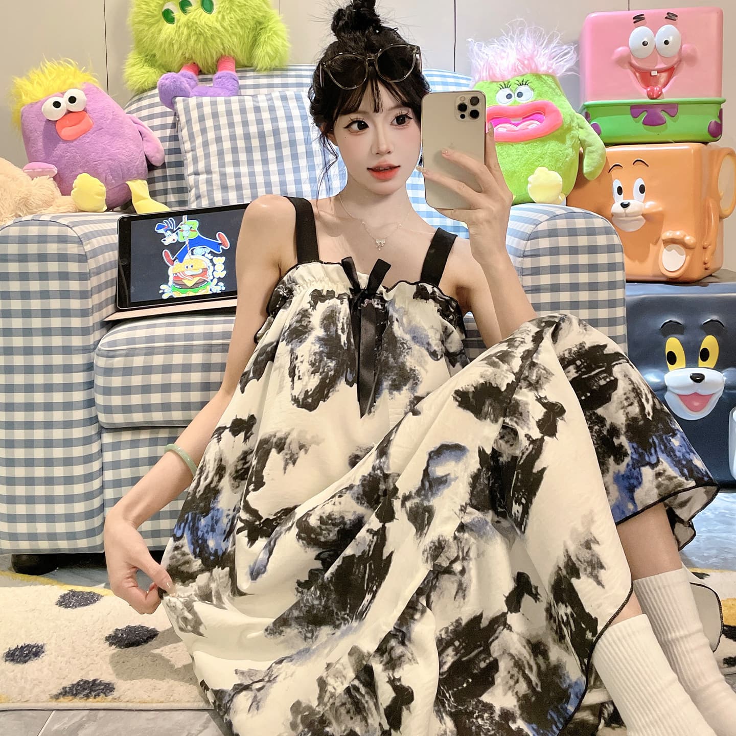Cloud Cotton Summer New Spaghetti Strap Nightgown for Women with Built-in Pads, Sweet and Wearable Outdoors, Student Loungewear, Drop Shipping