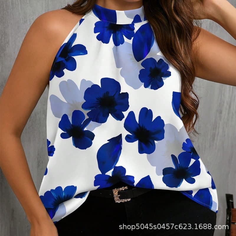 2026 cross-border large size summer European and American fashion printed off-shoulder stand-up collar halter neck shirt