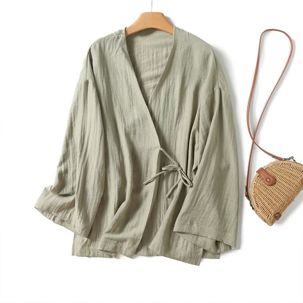 BM&MD&ZA New Women's New Chinese Style Green Series Lightweight Tie-front V-neck Long Sleeve
