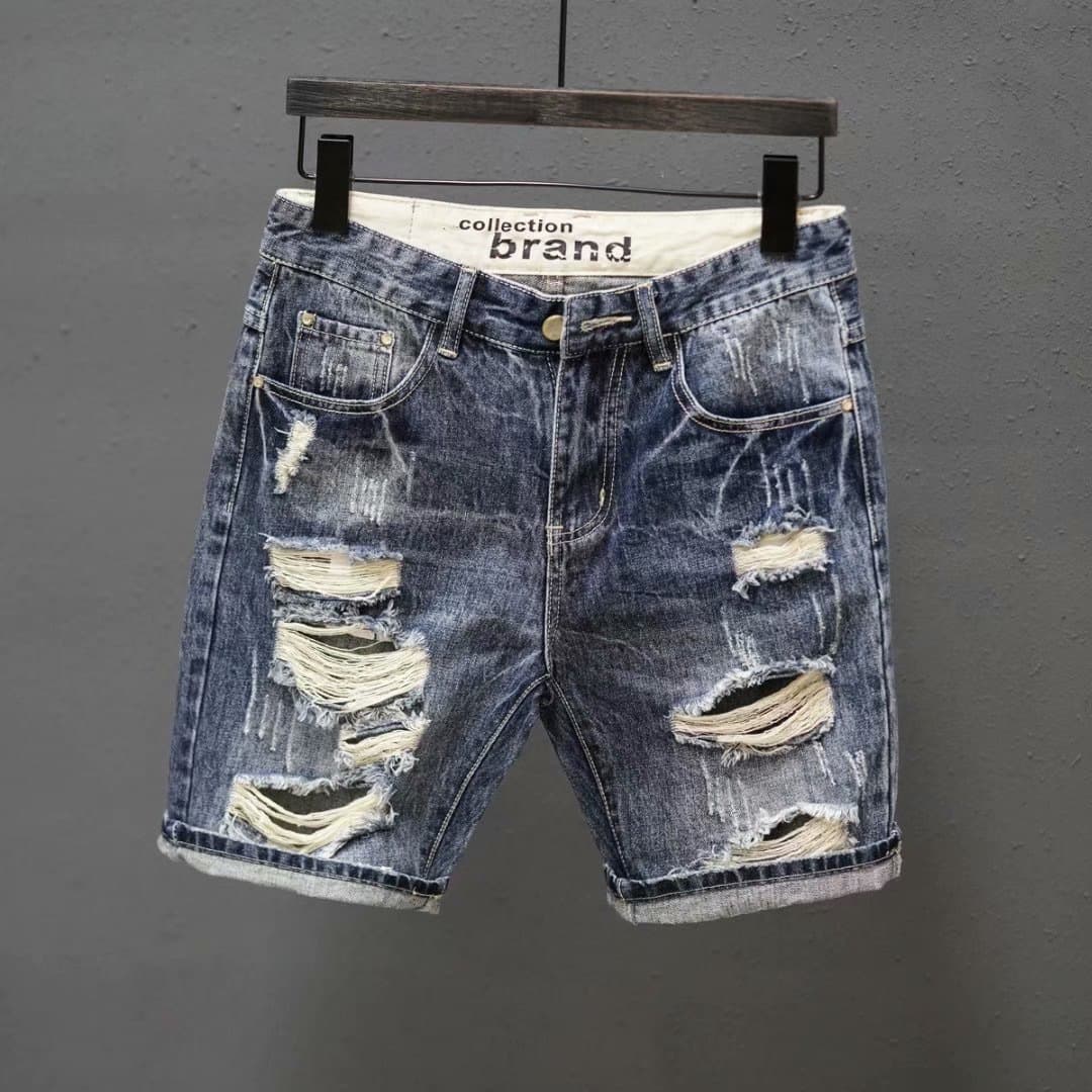 Korean Trendy Men's Summer Ripped Denim Shorts, Internet Celebrity Same Style, Rogue Cool Vintage Casual Five-Point Shorts