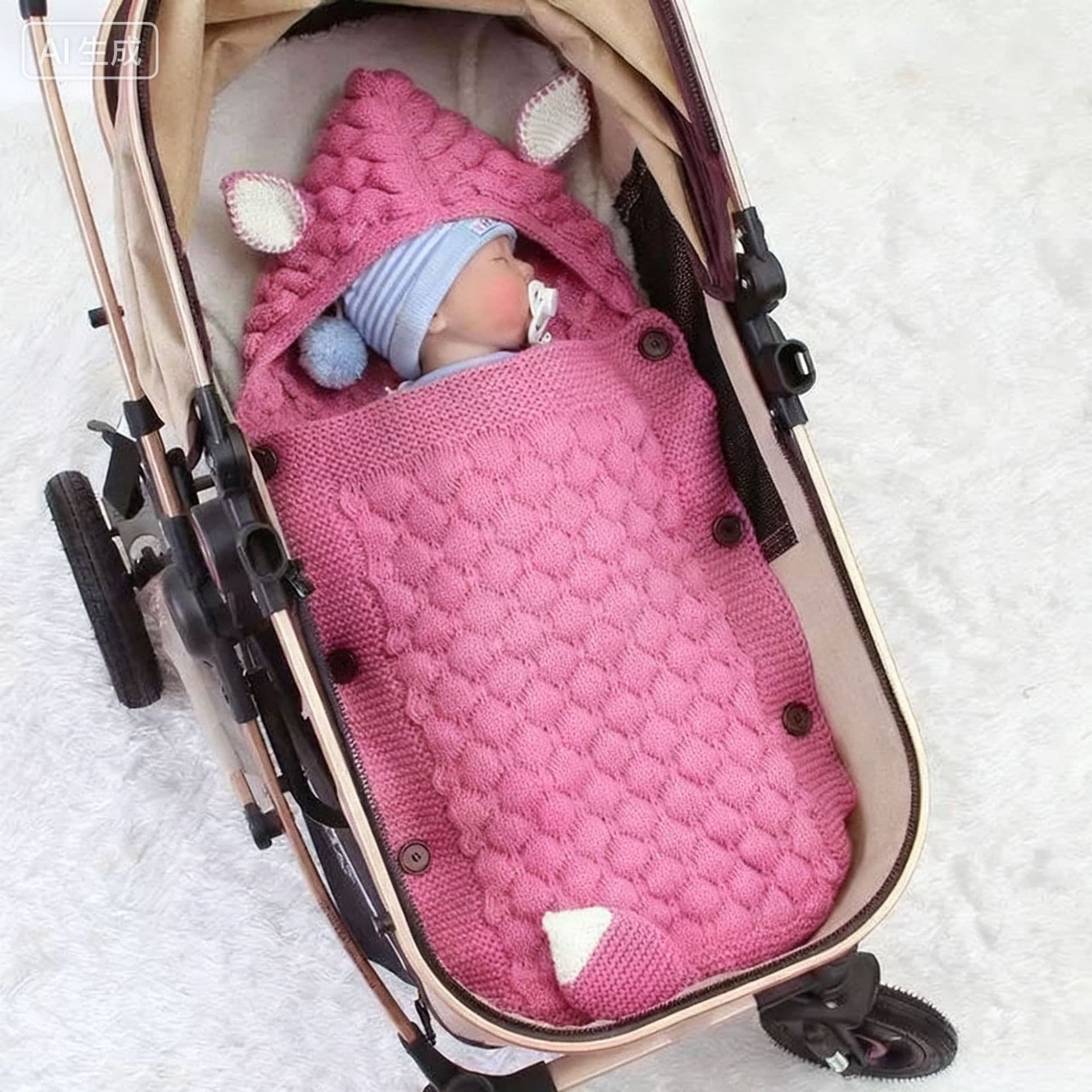 Multi-Functional Ears Sleep Sack Anti-Kick Blanket, Infant Swaddle Blanket Knitted Sleep Bag, Children's Knitted Blanket Double-Layer Swaddle Stroller