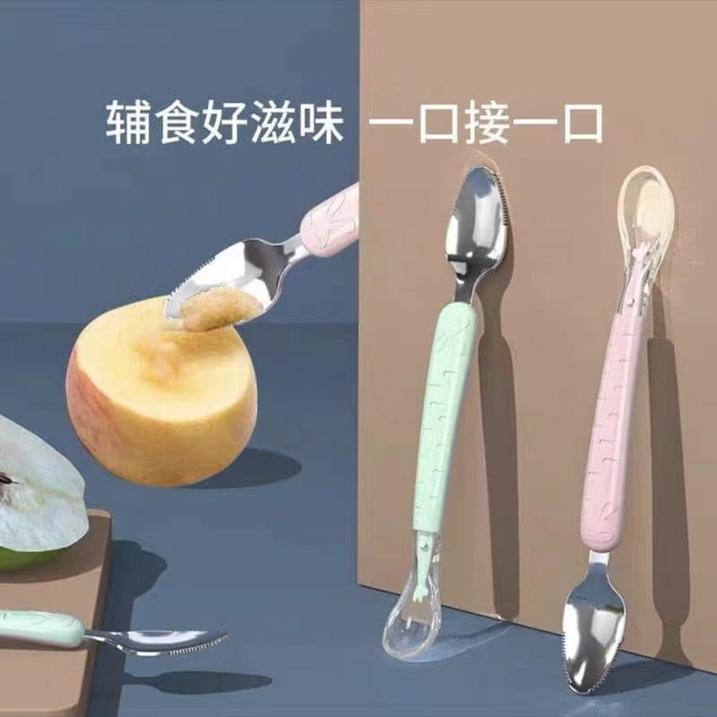 Infant Silicone Spoon Fruit Puree Tool Baby Food Spoon Dual-ended Scraping Spoon 304 Stainless Steel Scoop