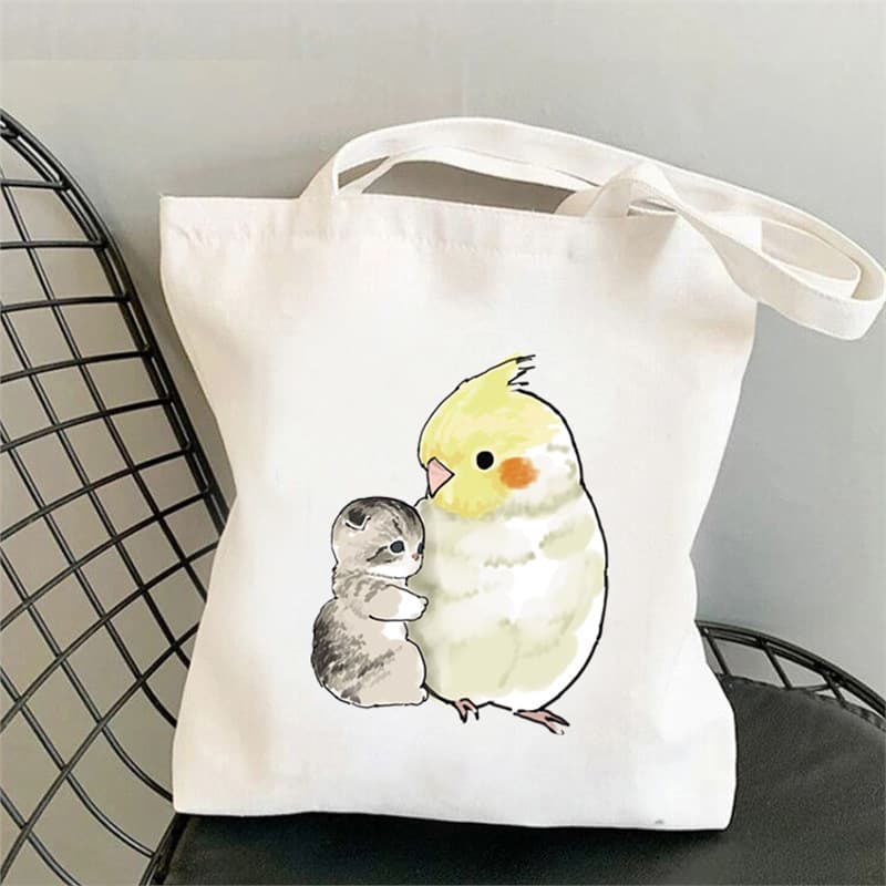 Parrot Canvas Tote bag cartoon parrot cat print student portable one-shoulder canvas bag