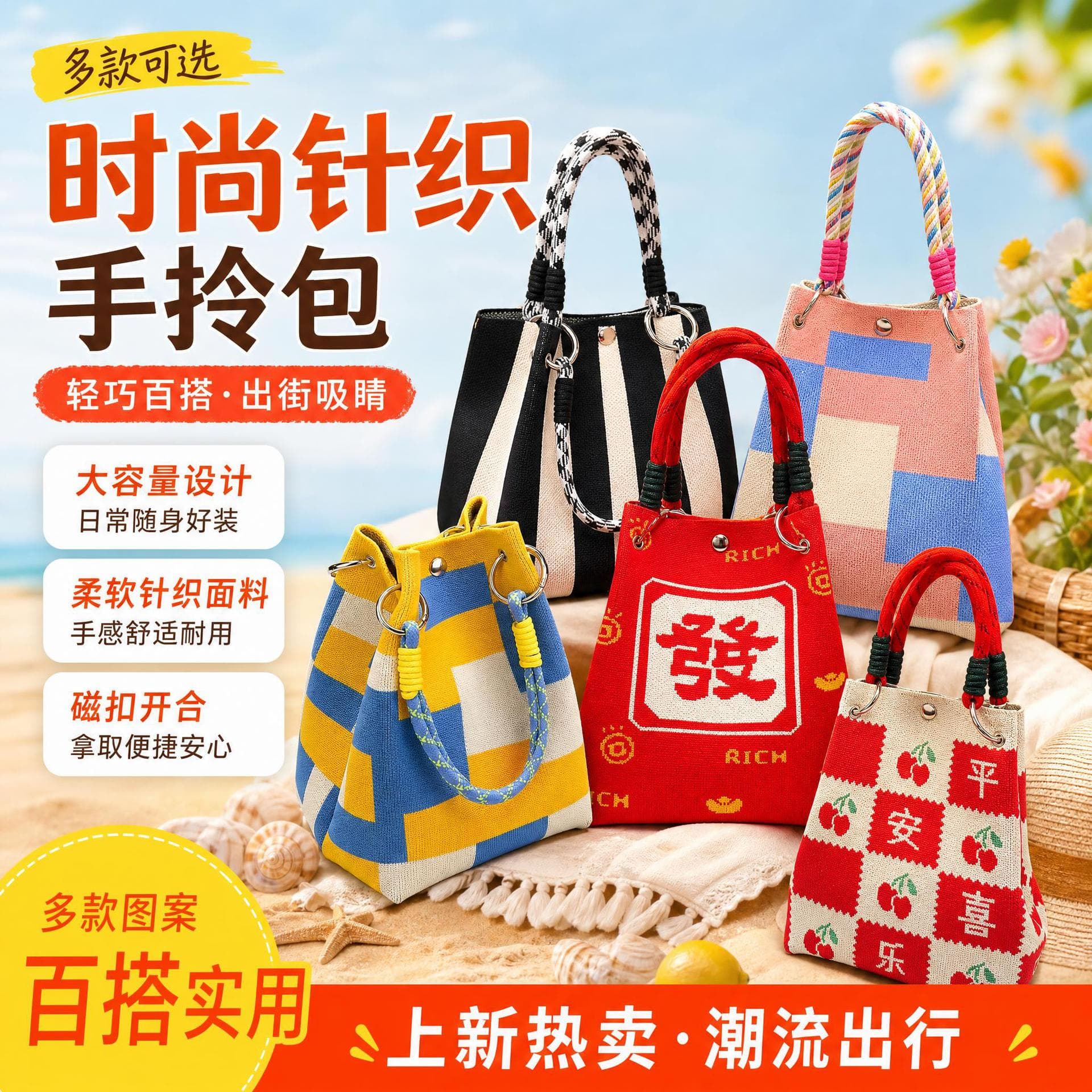 New Knitted Handbag for Women, Magnetic Snap Red Tote, Large Capacity, Casual Outing, Versatile Shoulder Bag