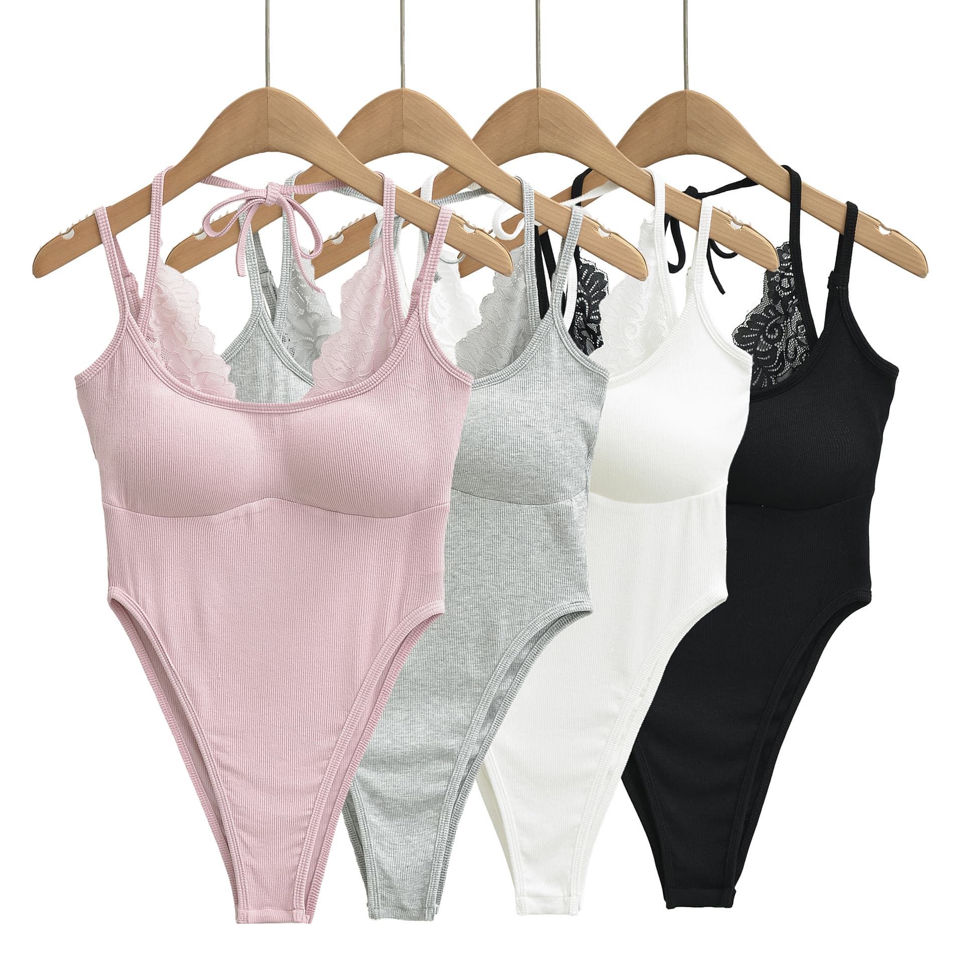 Sheer Lace Trim Halter Bodysuit for Women Summer with Padded Cups Tight Base Camisole