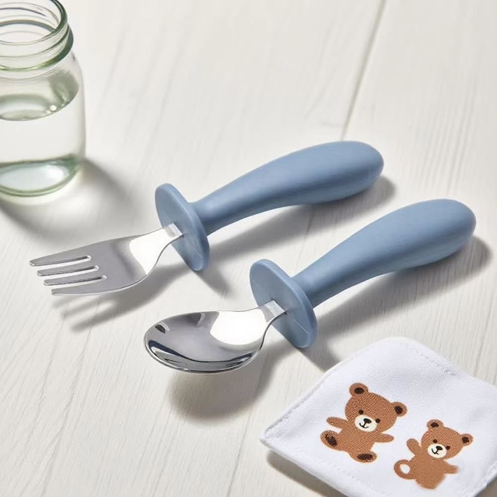 304 Stainless Steel Food Supplement Feeding Fork and Spoon Baby Eating Tableware Set Kidsren's Training Cute Short Silicone Spoon and Fork