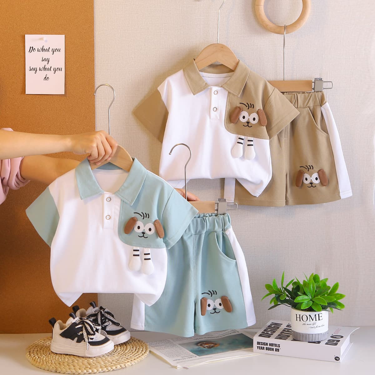 Children's Summer Clothes Boys' Short Sleeve Color Matching 2026 Lapel Cartoon POLO Shirt Small and Medium Children's Clothing Two-piece Suit Clothes Approval