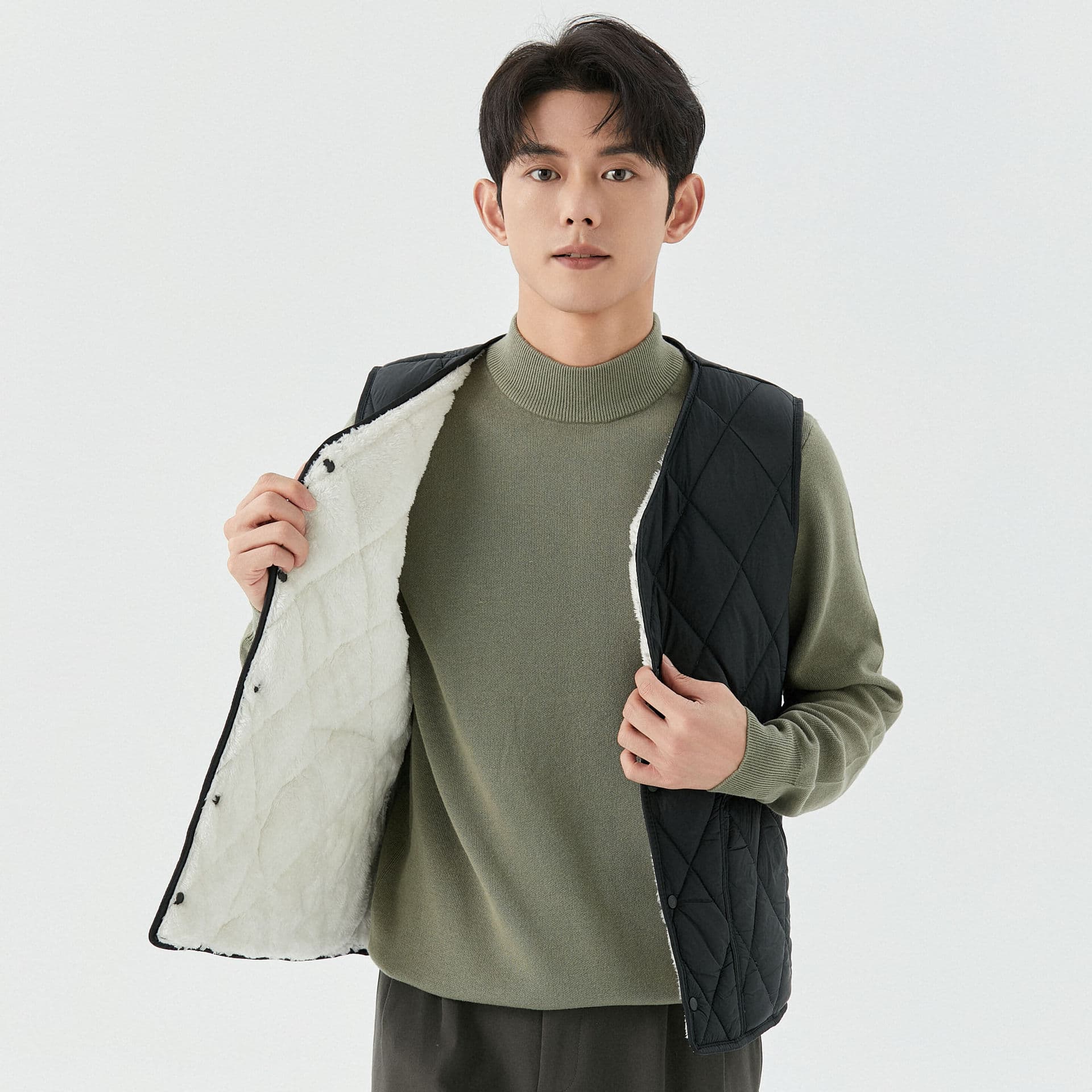 Men's Autumn and Winter Fleece-Lined Warm Young Adult Vest Liner, Pocket, Diamond Pattern Short Snap Button Vest 2161