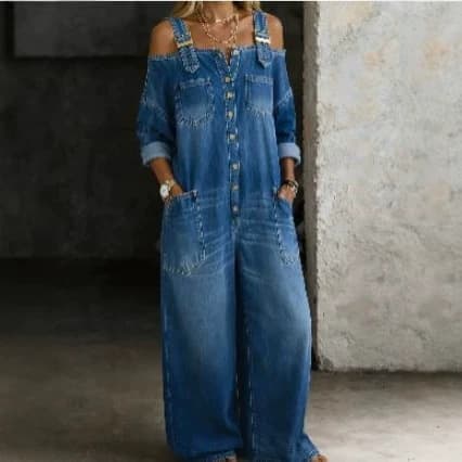 New European and American fashion sexy off-shoulder strap pocket denim jumpsuit wide leg jumpsuit YX2026055