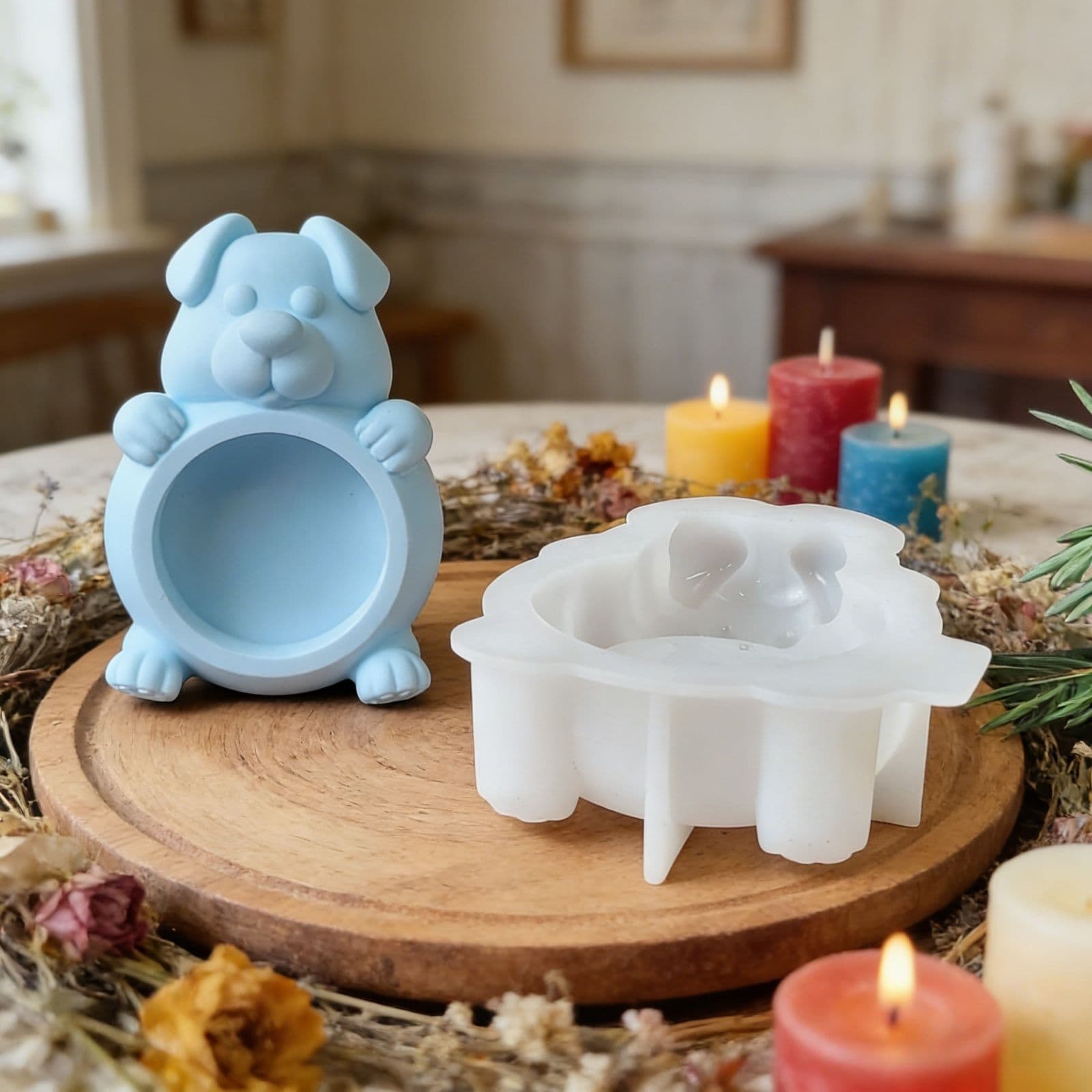 S2257 Puppy Candle Holder Decorative Cement Plaster Mold DIY Silicone Mold
