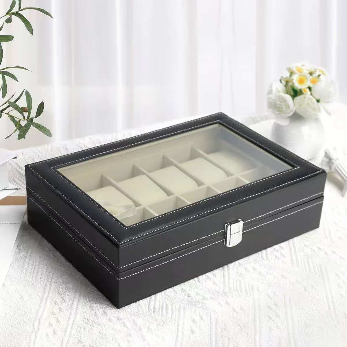 In stock, fast shipping. PU leather twelve-position watch box with windowed transparent display box and exquisite clasp mechanical watch packaging box.
