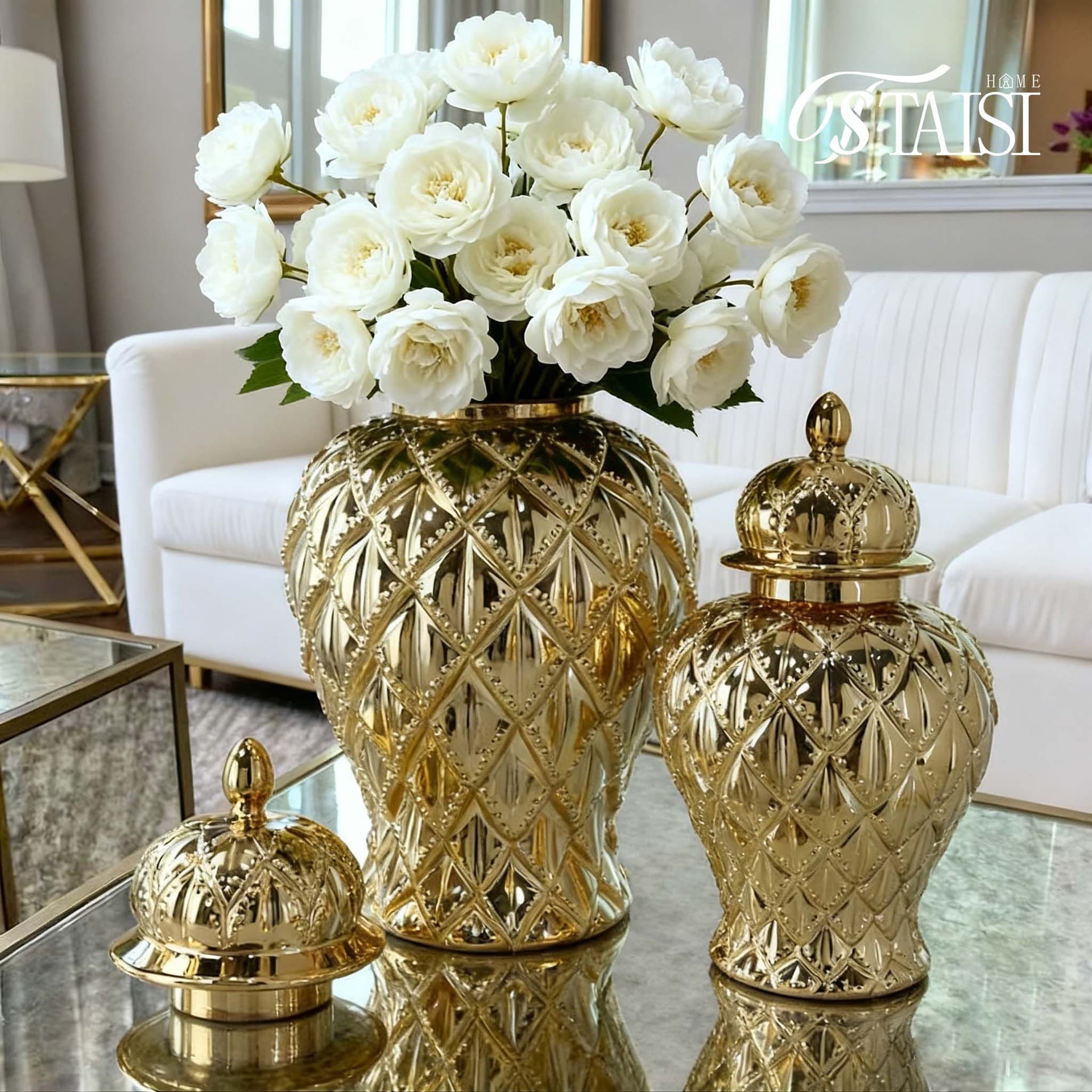 Cross-border electroplated ceramic high-end simulated large decorative vase for flower arrangement, craft flower container, soft decoration artificial flower ornament