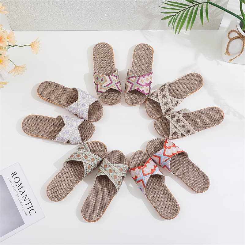 Linen slippers for men and women in summer home indoor non-slip thick-soled couple style breathable sandals slippers for wooden floor home