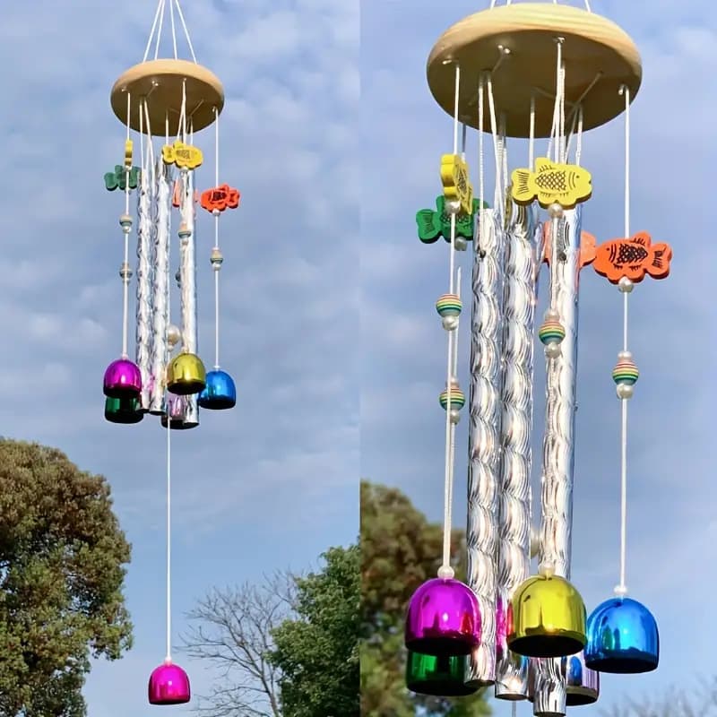 Seven-color solid wood aluminum tube wind chime bell wall ornament, European-style wall hanging for balcony and room decoration.