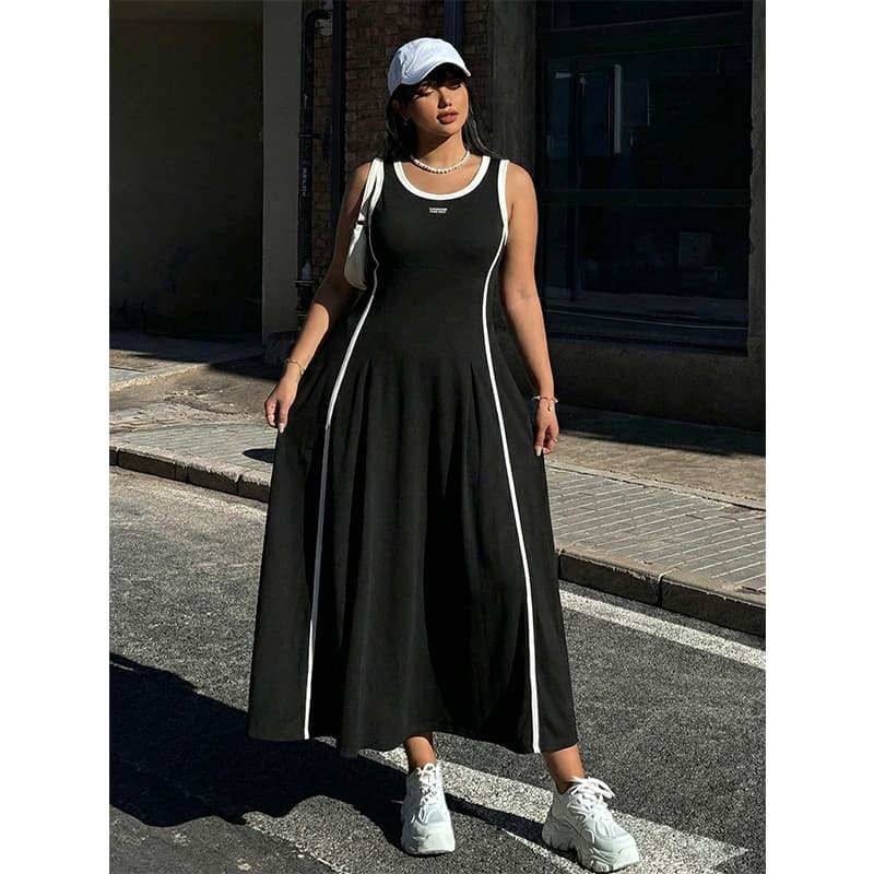 AliExpress Sports Style Contrast Color Vest Dress Fat MM Large Size Black Sleeveless A-Line Slim Sports Style Long Skirt