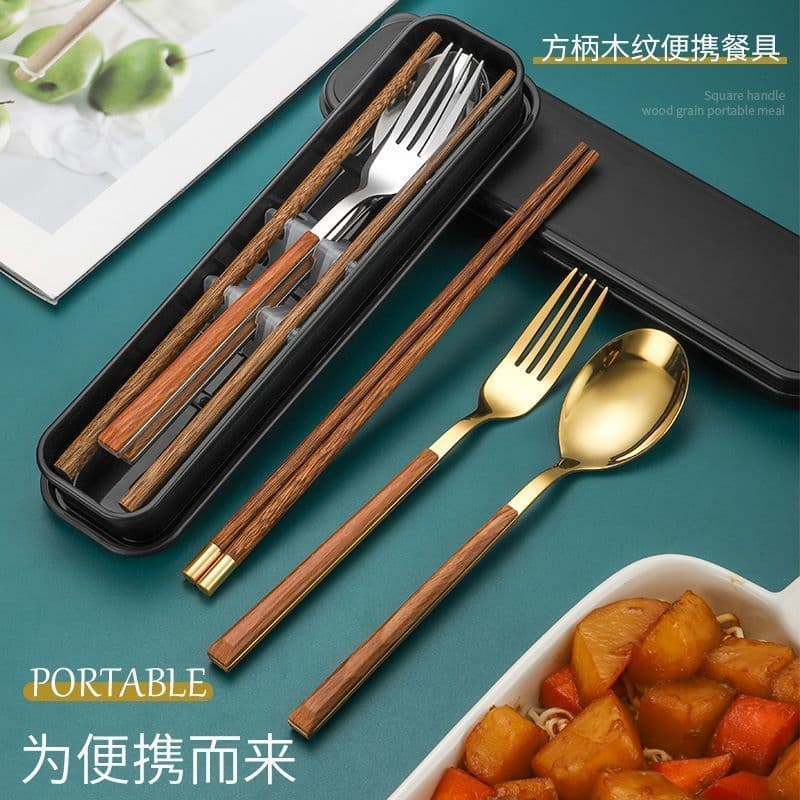 Chopsticks and spoon set per person, portable tableware for students with storage box, fork, and single wooden chopsticks three-piece set