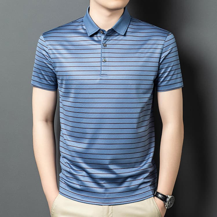 Tommy La Meng mulberry silk short-sleeved T-shirt men's lapel summer thin polo shirt men's ice silk cool striped top