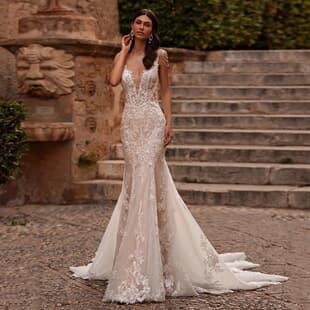 Amazon Sparkle Strapless Mermaid Wedding Dress with Fishtail Train, Fitted Waist Lace Applique, Long Train Castle Outdoor Wedding Ceremony Main Dress