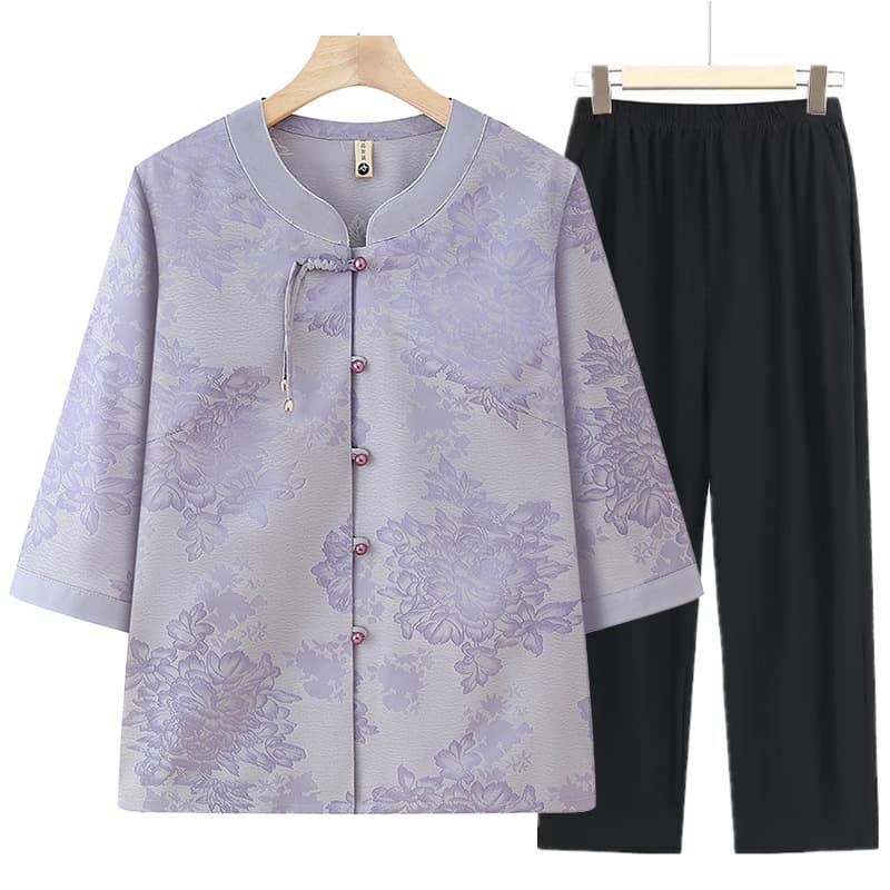 Summer Blouse for Elderly Women, Middle-aged and Senior Ladies, Three-Quarter Sleeve Shirt, Women's Set, Mother's Clothing