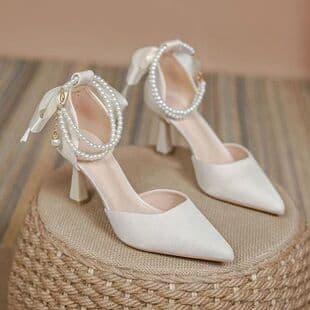 Pointed Toe High Heels with Gown Women Spring Design Niche Hollow Pearl Thin Heel Sexy Women's Shoes Single Shoes