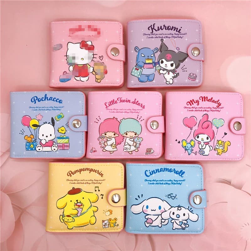 New PU short change purse 2-fold money pouch Kuromi white puppy coin wallet card holder leather case with button